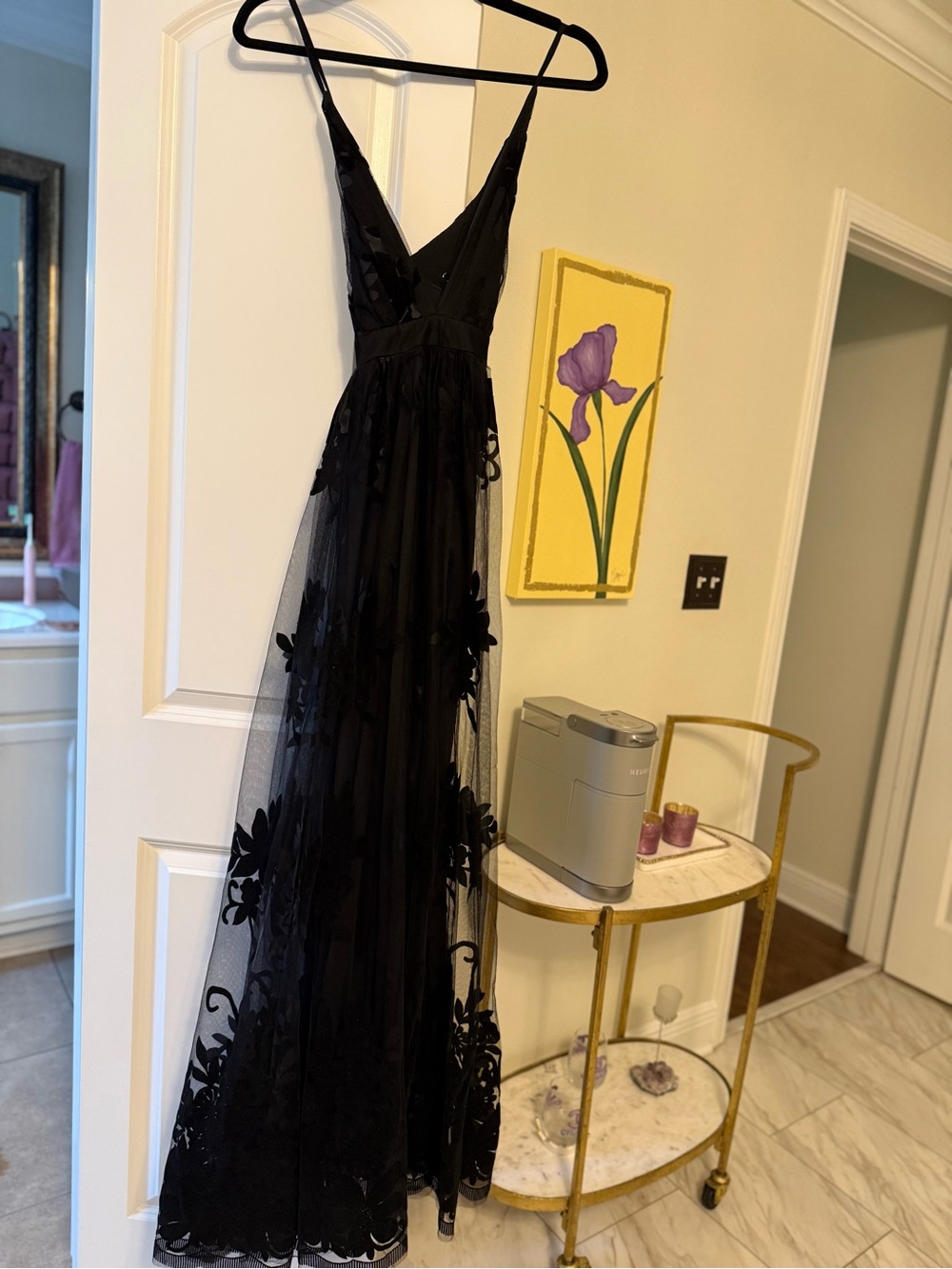 Black Sheer Floral Appliqué Maxi Dress